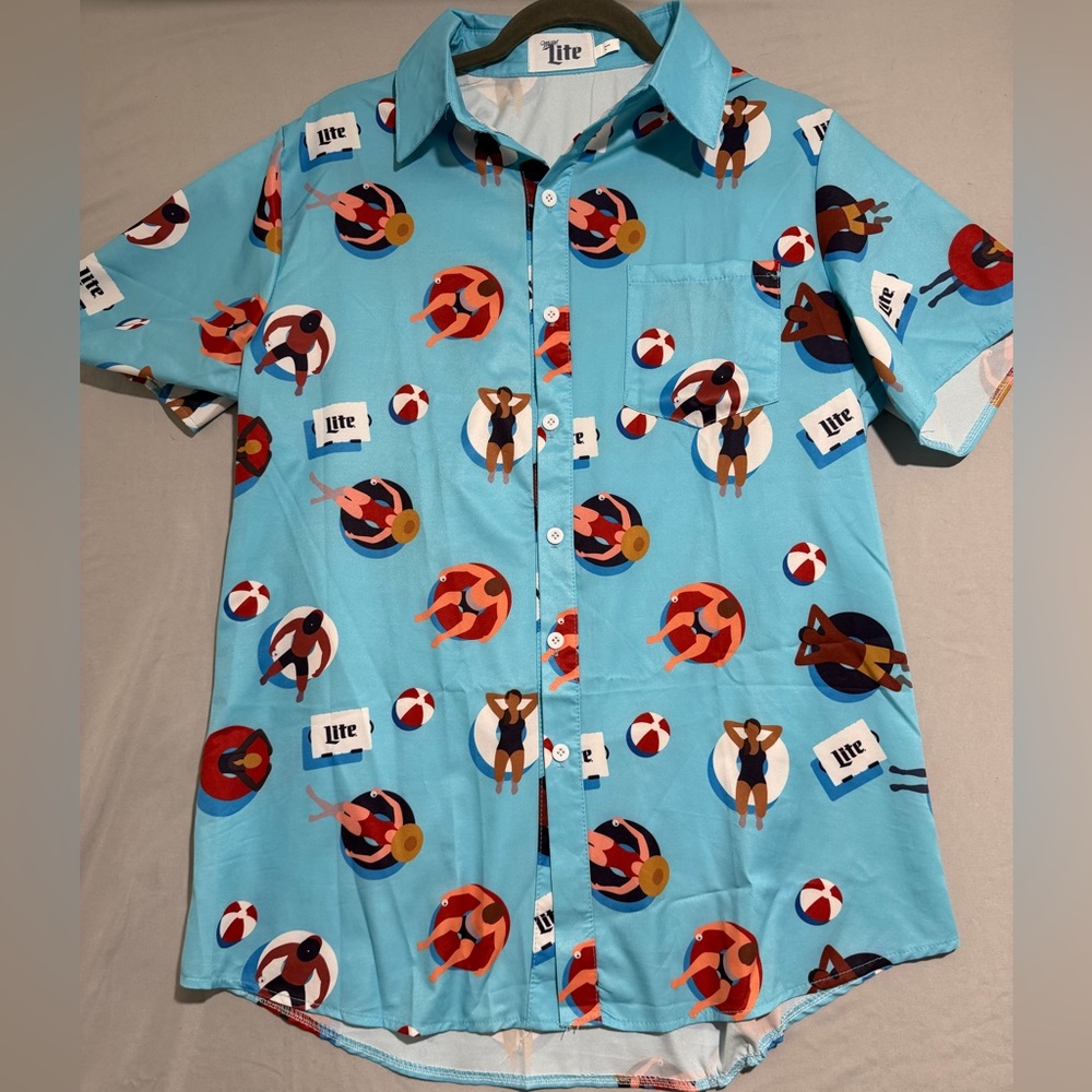 Miller‎ Lite Beer Men's Thin Button Up SS Dress Shirt, Pool Fun, Medium #682